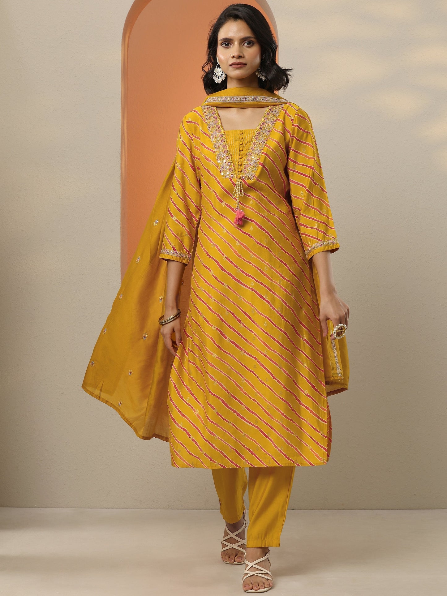 Mustard Printed Silk Blend  Straight Suit Set With Dupatta