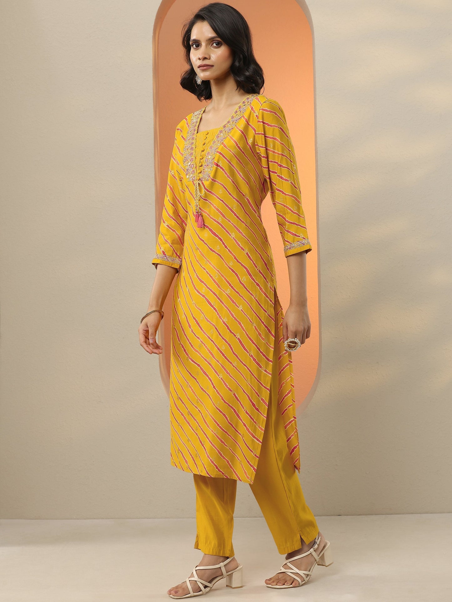 Mustard Printed Silk Blend  Straight Suit Set With Dupatta