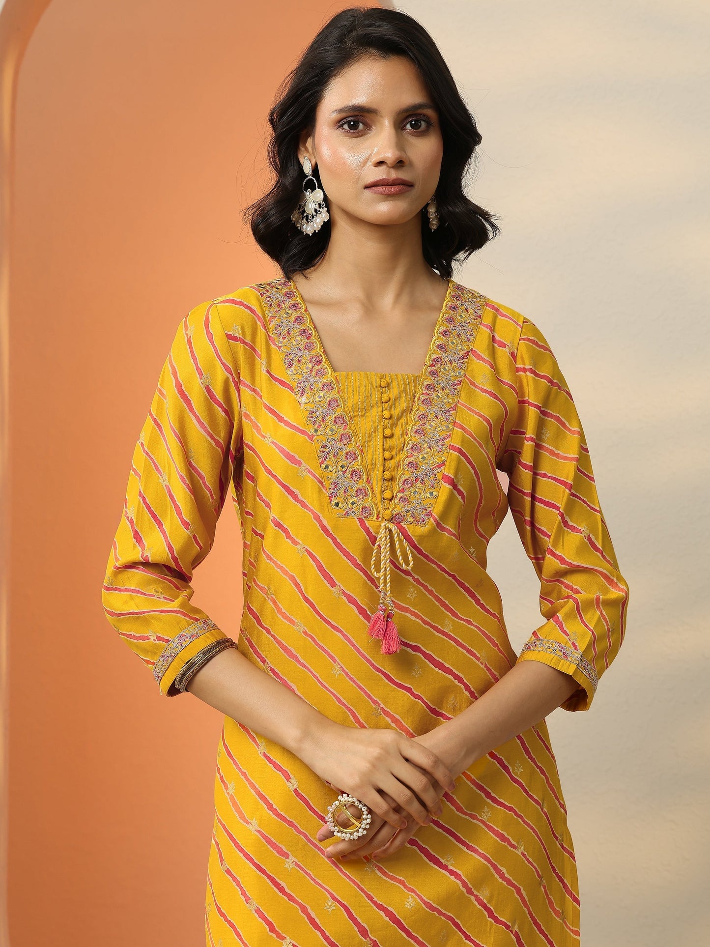 Mustard Printed Silk Blend  Straight Suit Set With Dupatta