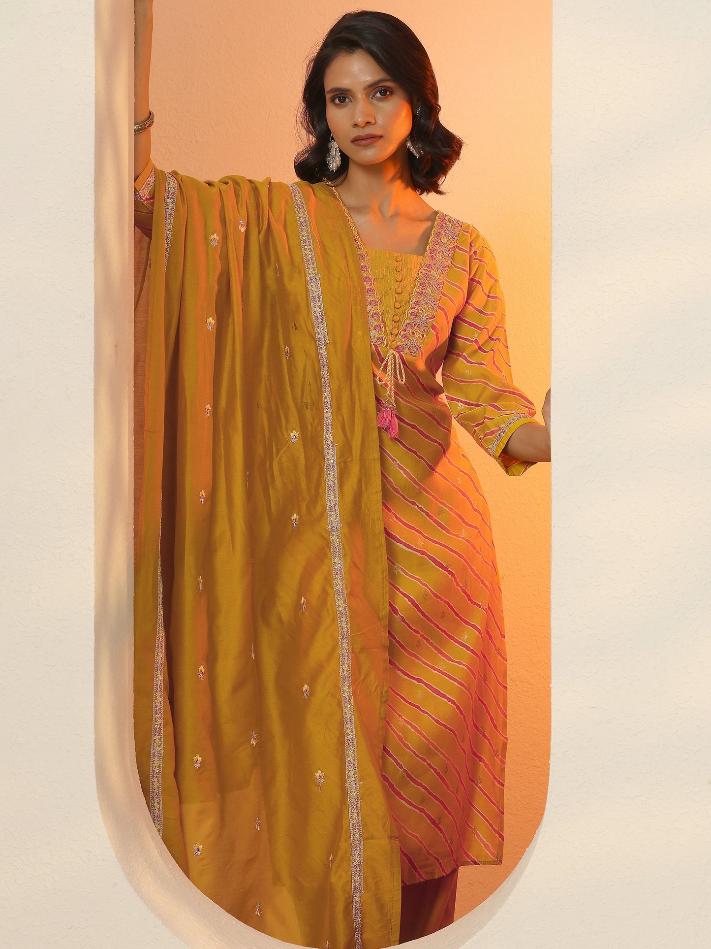 Mustard Printed Silk Blend  Straight Suit Set With Dupatta