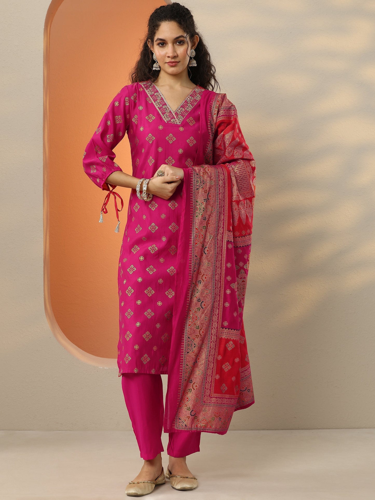 Pink Printed Silk Blend  Straight Suit Set With Dupatta