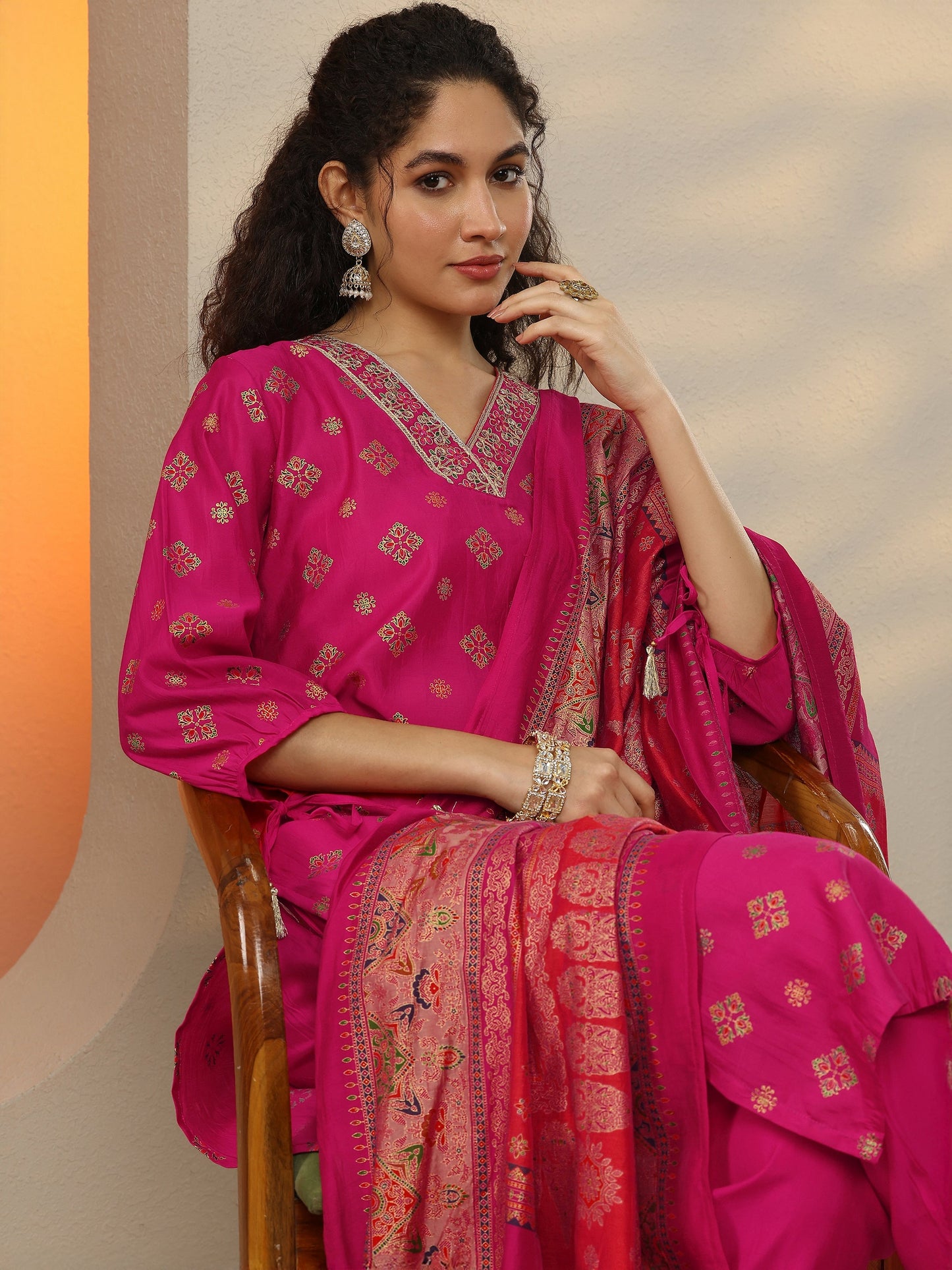 Pink Printed Silk Blend  Straight Suit Set With Dupatta