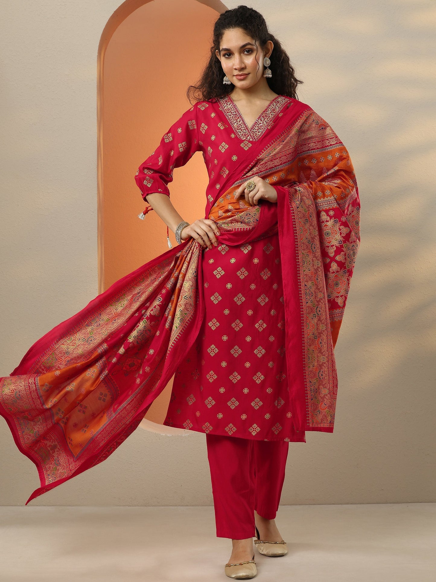Red Printed Silk Blend  Straight Suit Set With Dupatta