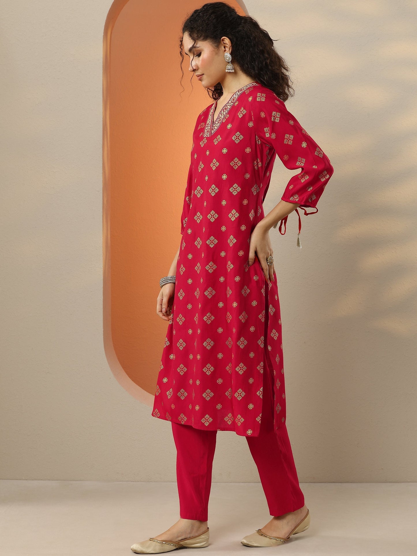 Red Printed Silk Blend  Straight Suit Set With Dupatta