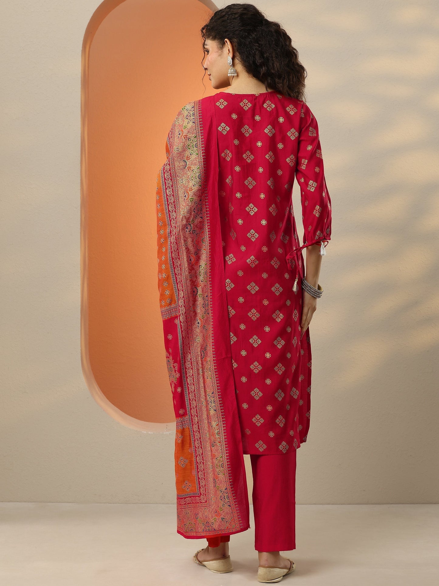 Red Printed Silk Blend  Straight Suit Set With Dupatta