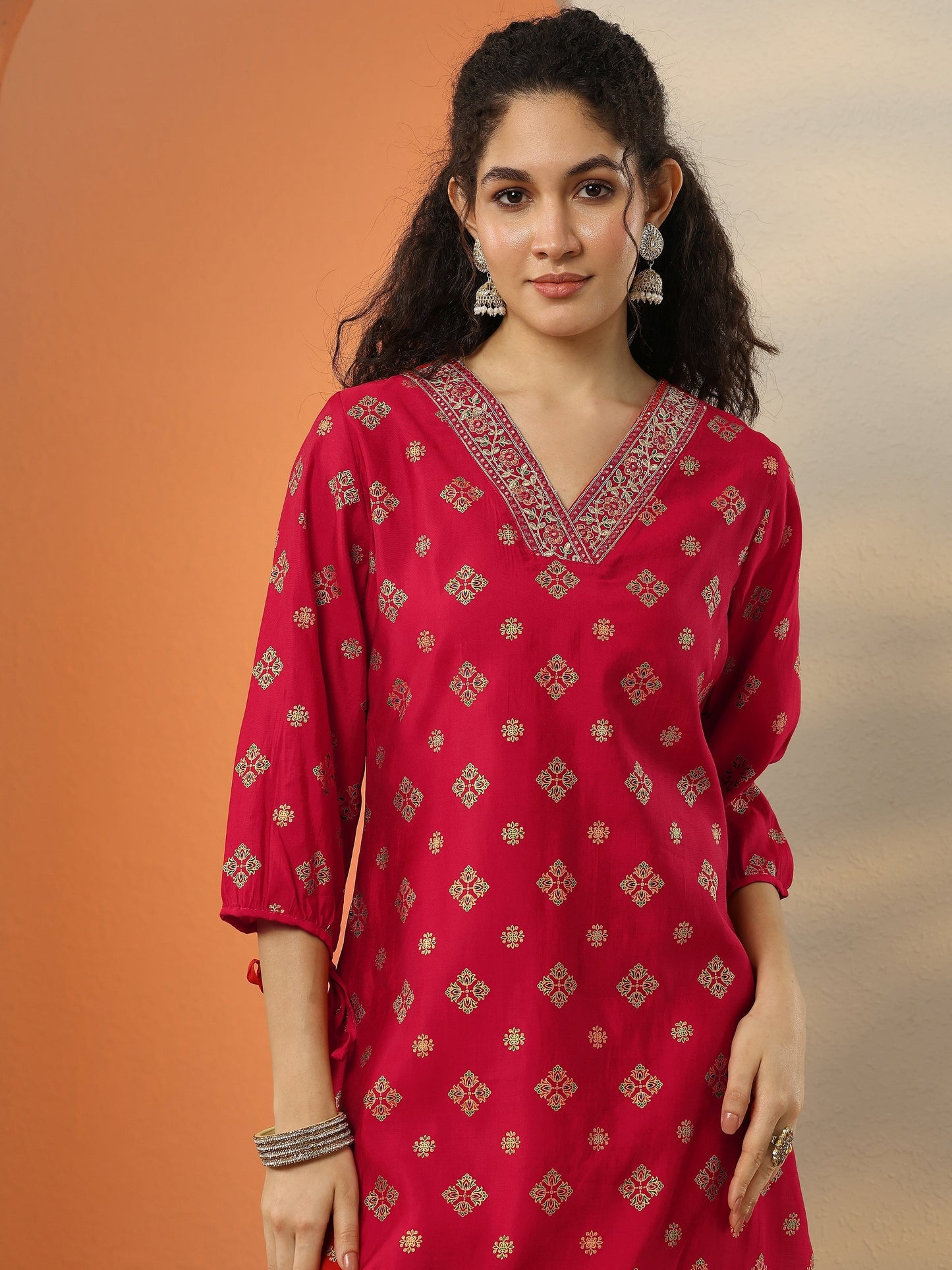 Red Printed Silk Blend  Straight Suit Set With Dupatta