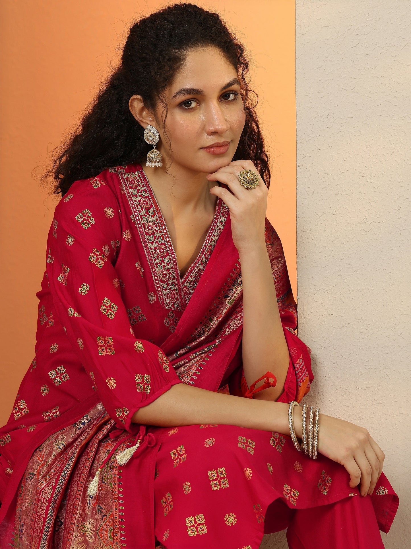 Red Printed Silk Blend  Straight Suit Set With Dupatta