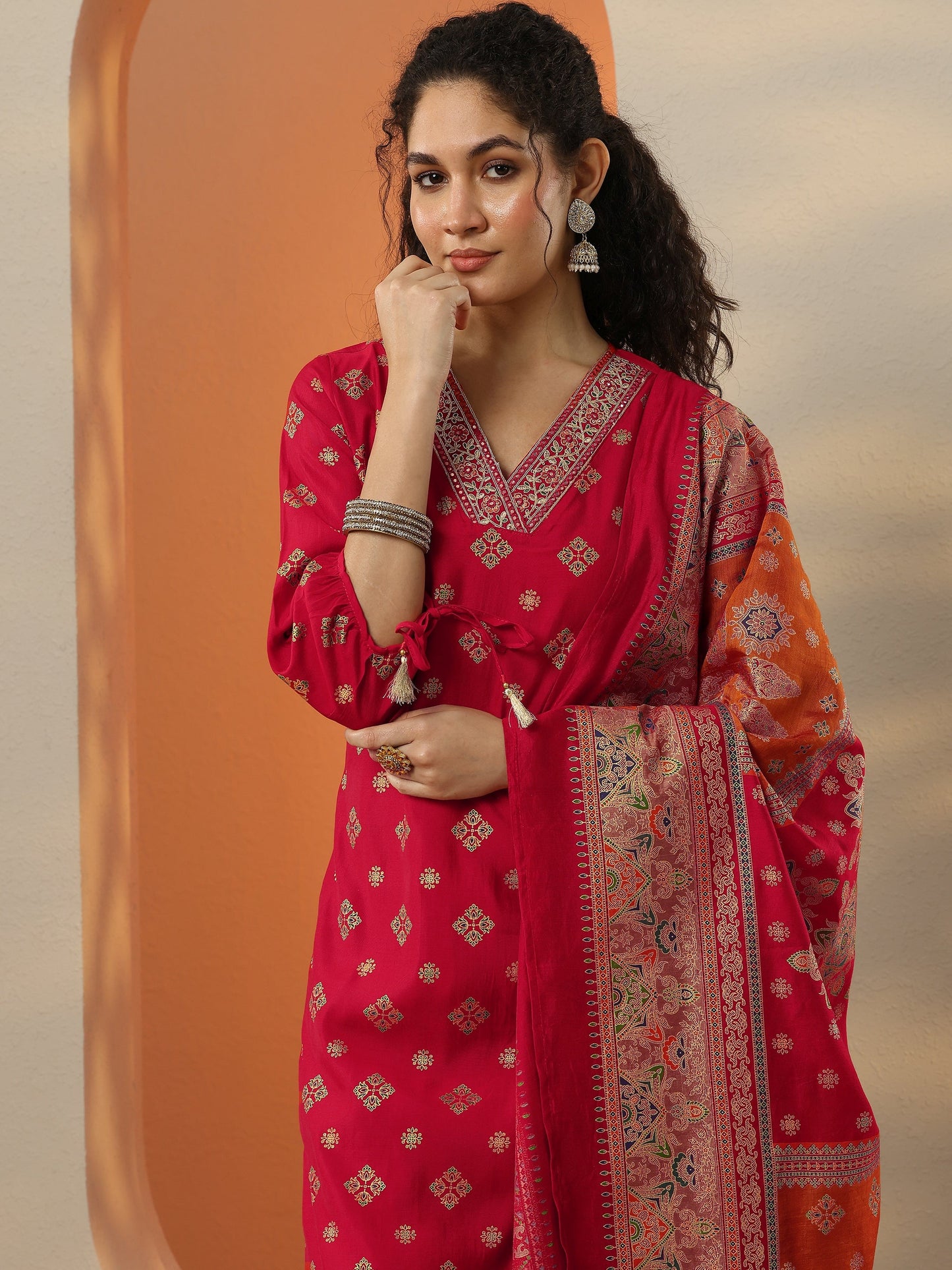 Red Printed Silk Blend  Straight Suit Set With Dupatta