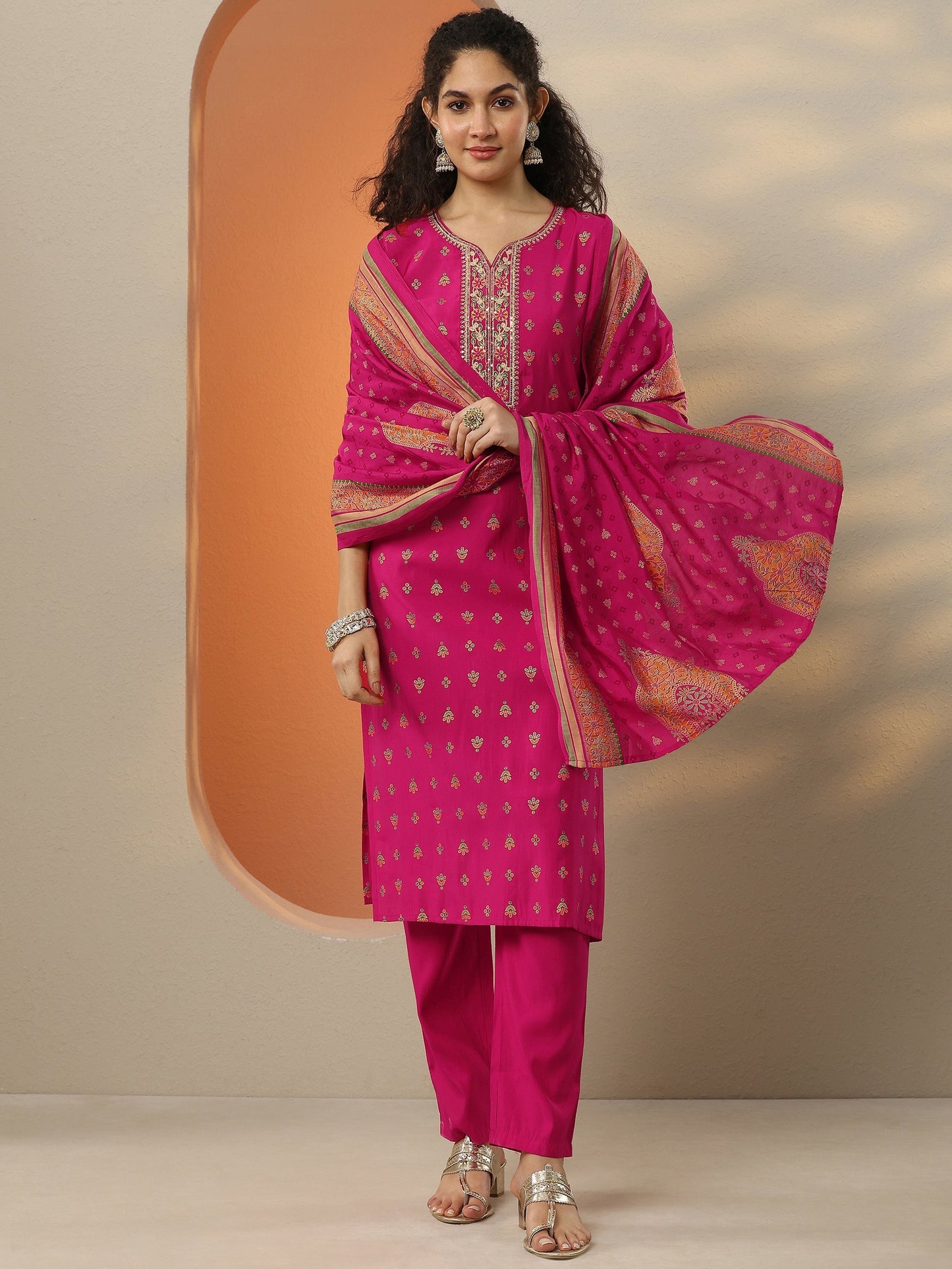 Pink Printed Silk Blend  Straight Suit Set With Dupatta