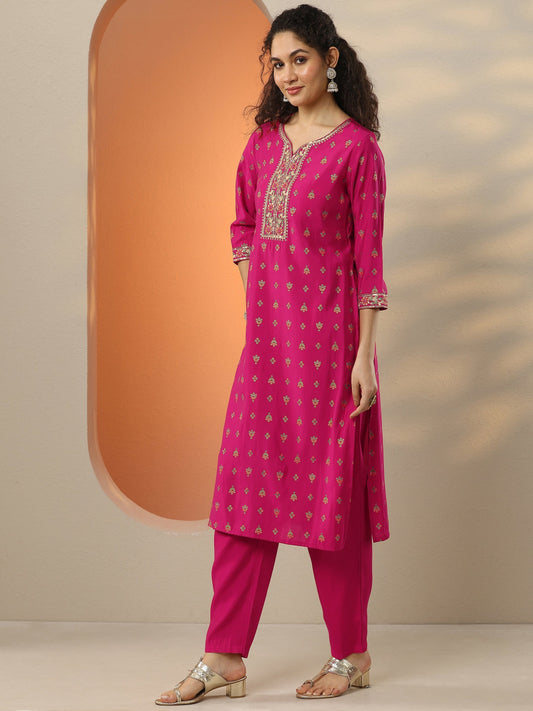 Pink Printed Silk Blend  Straight Suit Set With Dupatta