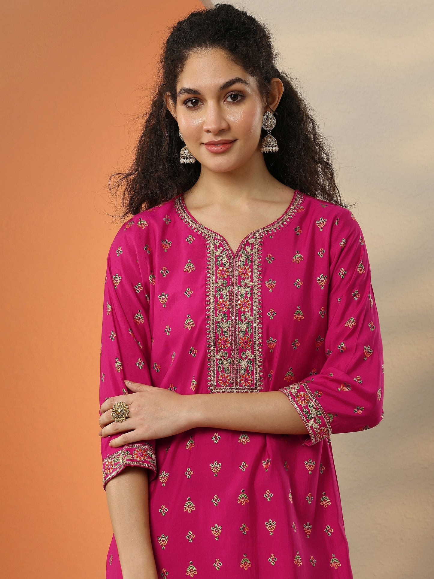 Pink Printed Silk Blend  Straight Suit Set With Dupatta