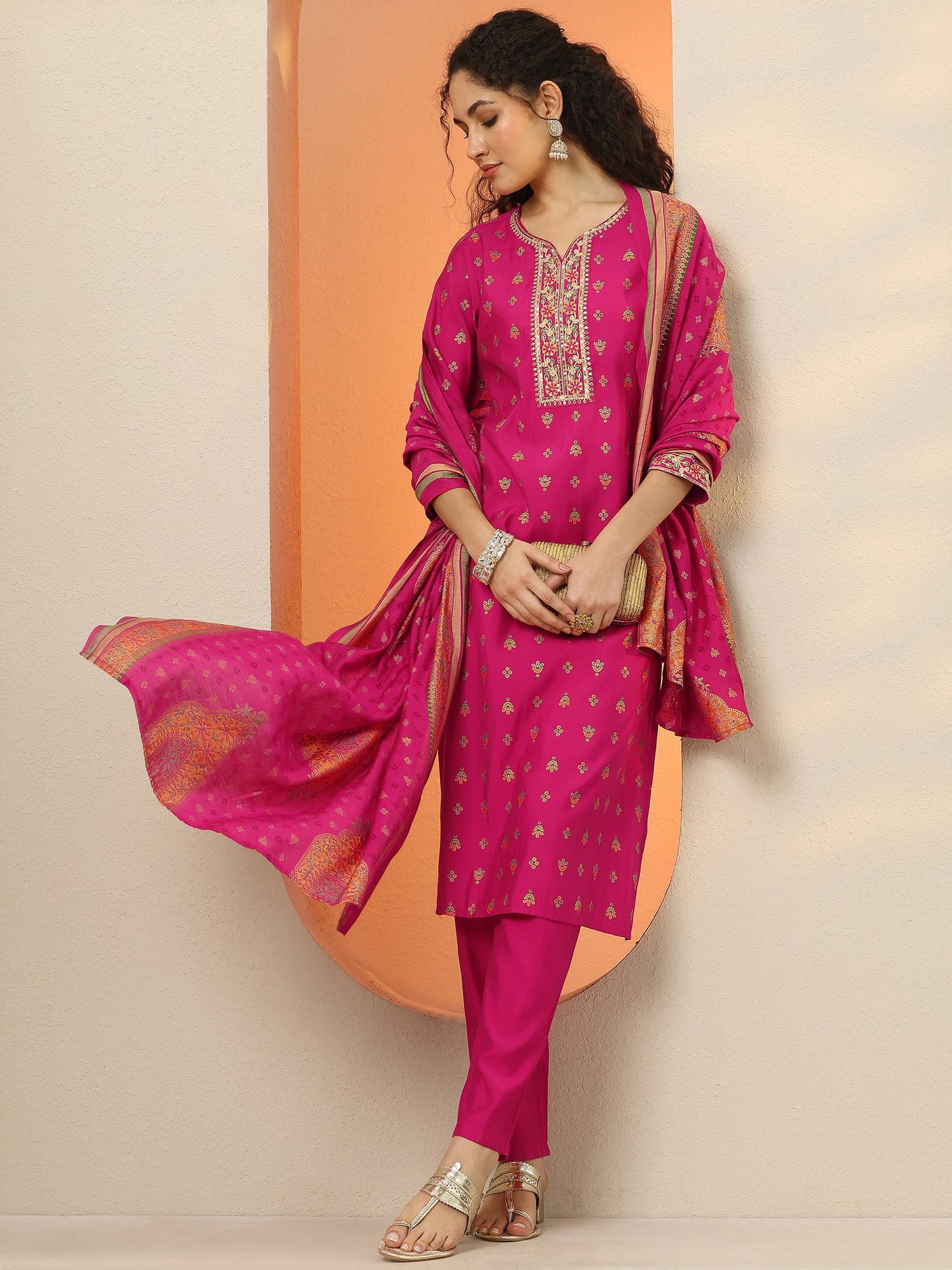 Pink Printed Silk Blend  Straight Suit Set With Dupatta