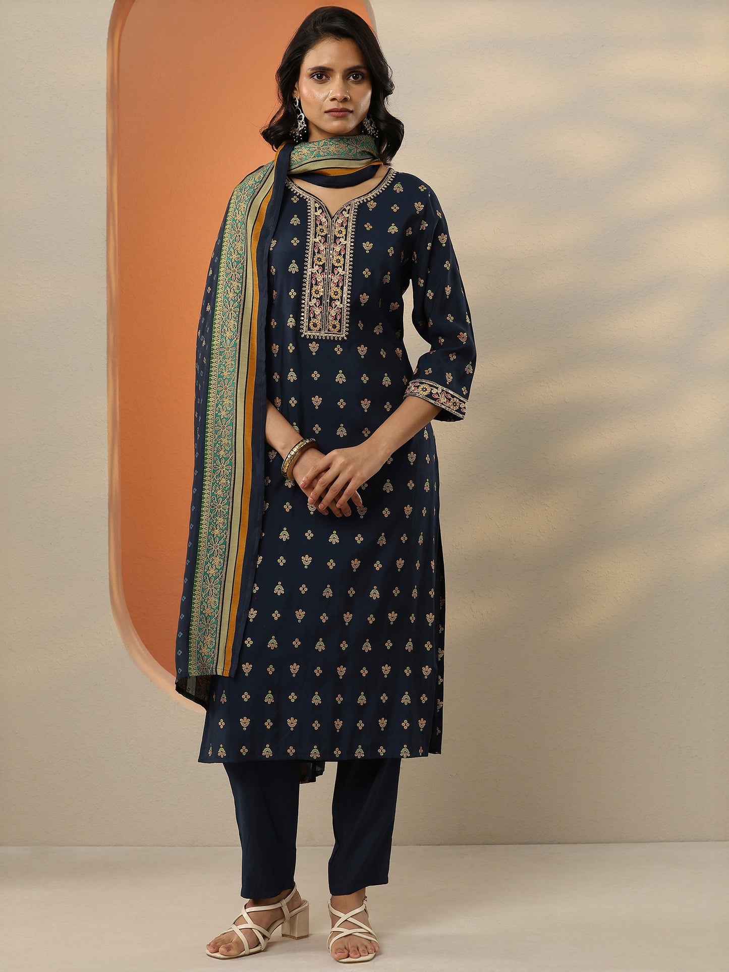 Blue Printed Silk Blend  Straight Suit Set With Dupatta