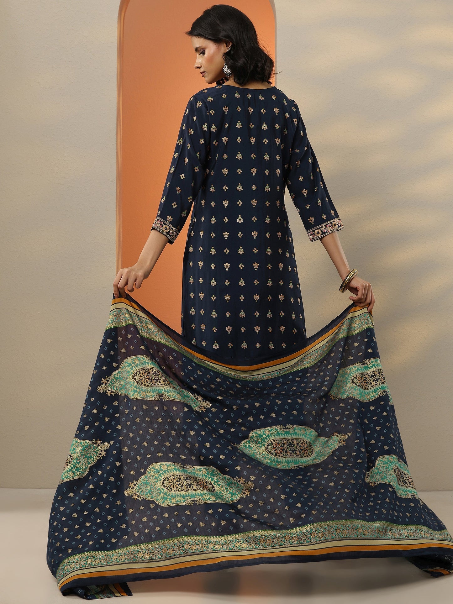Blue Printed Silk Blend  Straight Suit Set With Dupatta