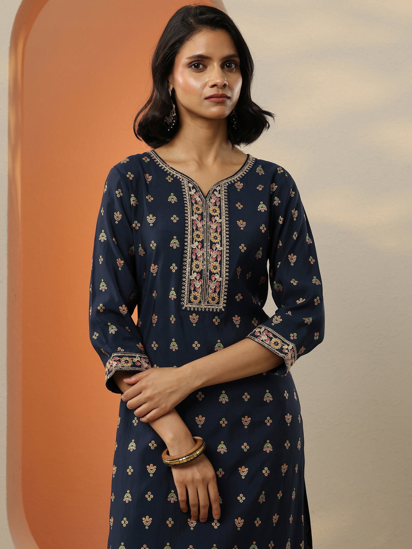 Blue Printed Silk Blend  Straight Suit Set With Dupatta