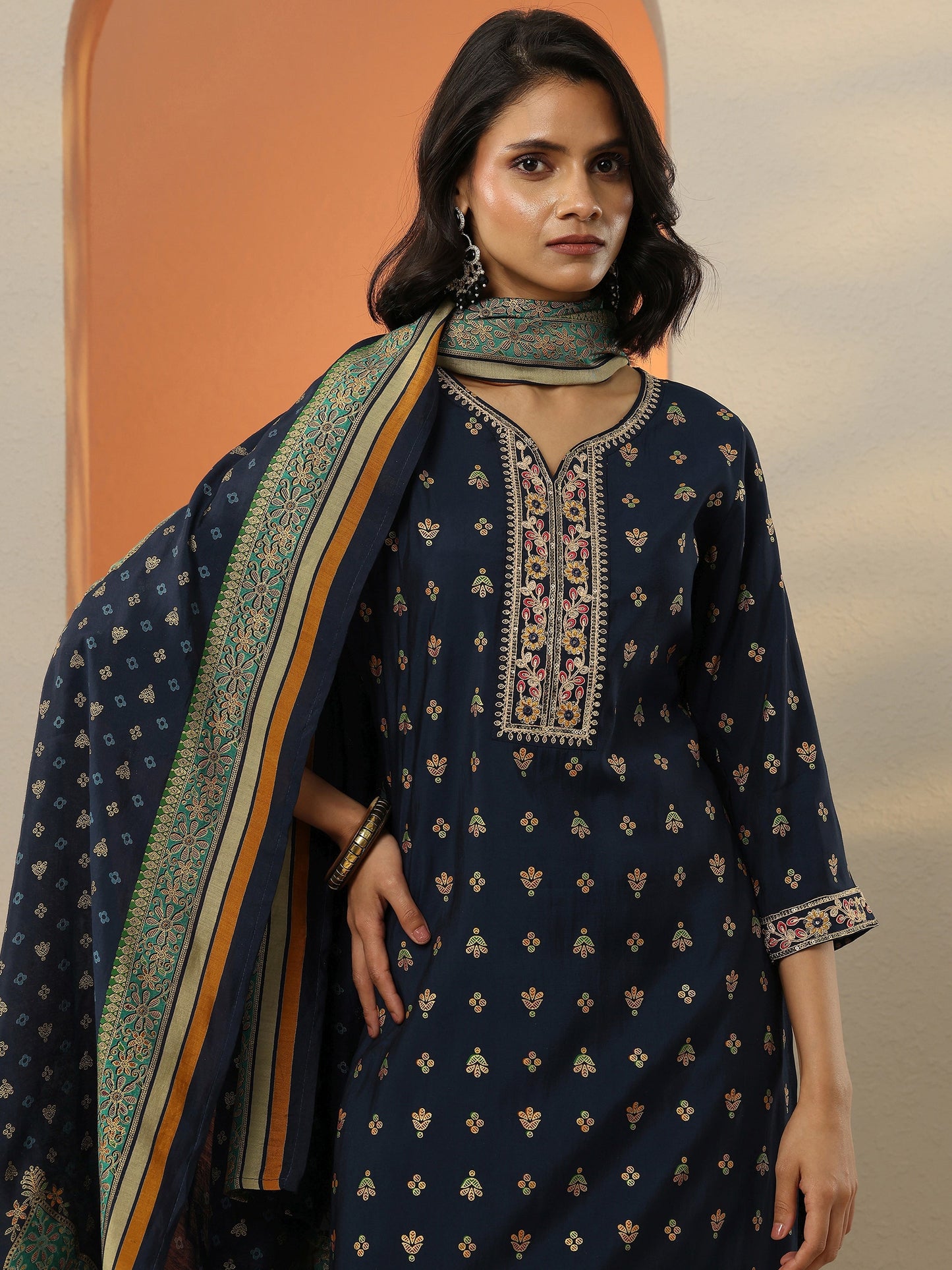 Blue Printed Silk Blend  Straight Suit Set With Dupatta