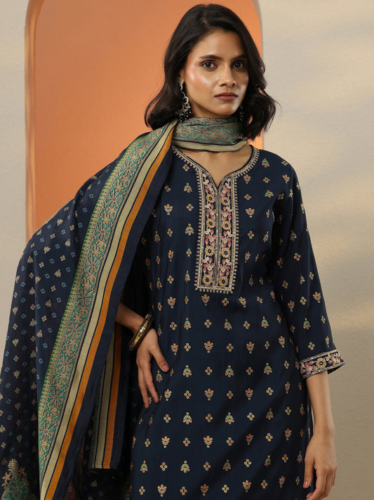 Blue Printed Silk Blend  Straight Suit Set With Dupatta