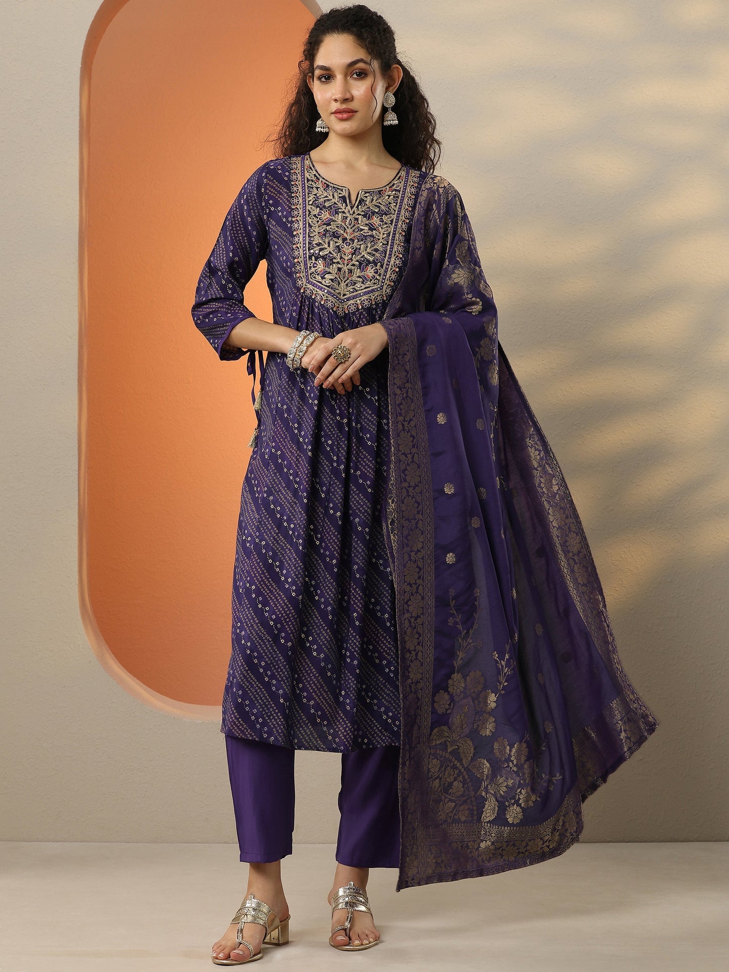 Purple Printed Silk Blend  A-Line Suit Set With Dupatta