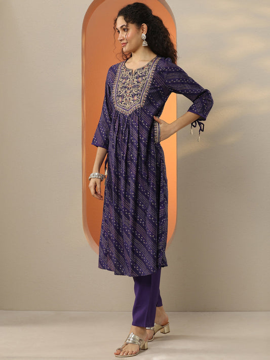 Purple Printed Silk Blend  A-Line Suit Set With Dupatta