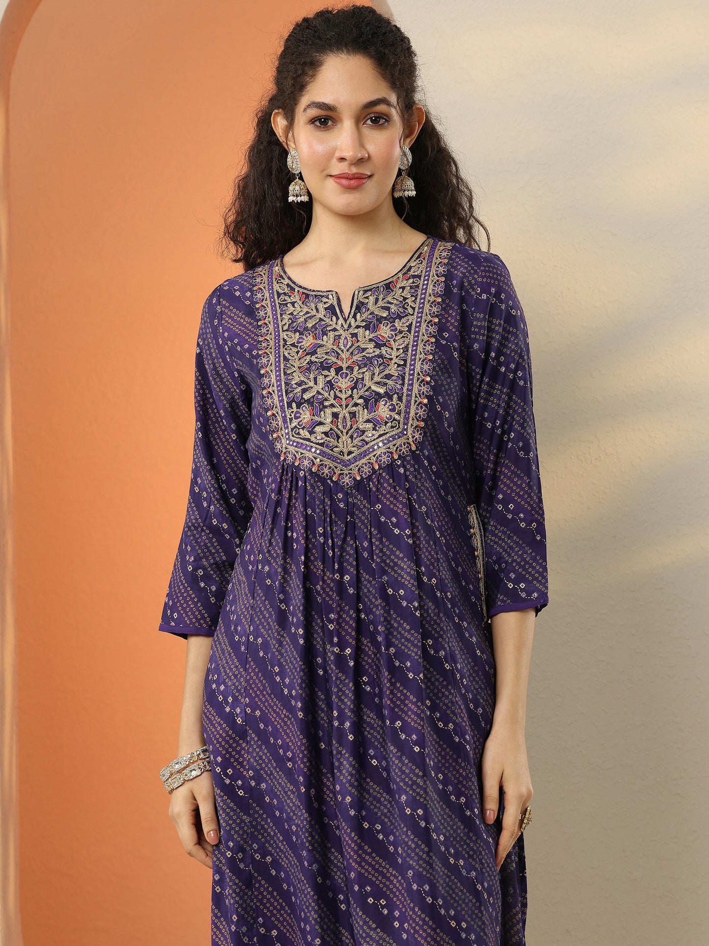 Purple Printed Silk Blend  A-Line Suit Set With Dupatta