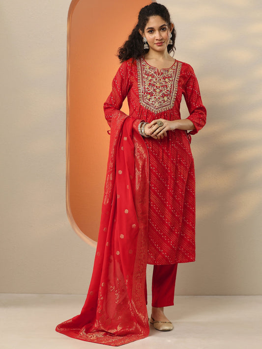 Red Printed Silk Blend  A-Line Suit Set With Dupatta
