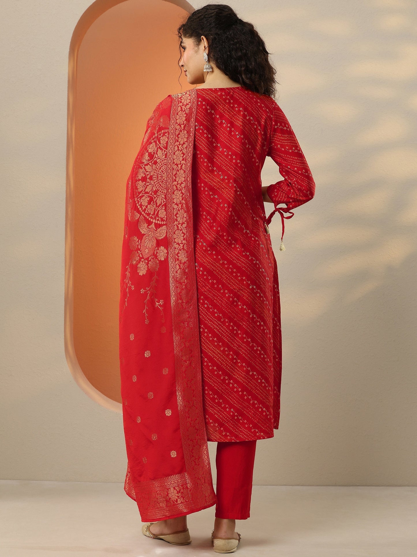 Red Printed Silk Blend  A-Line Suit Set With Dupatta