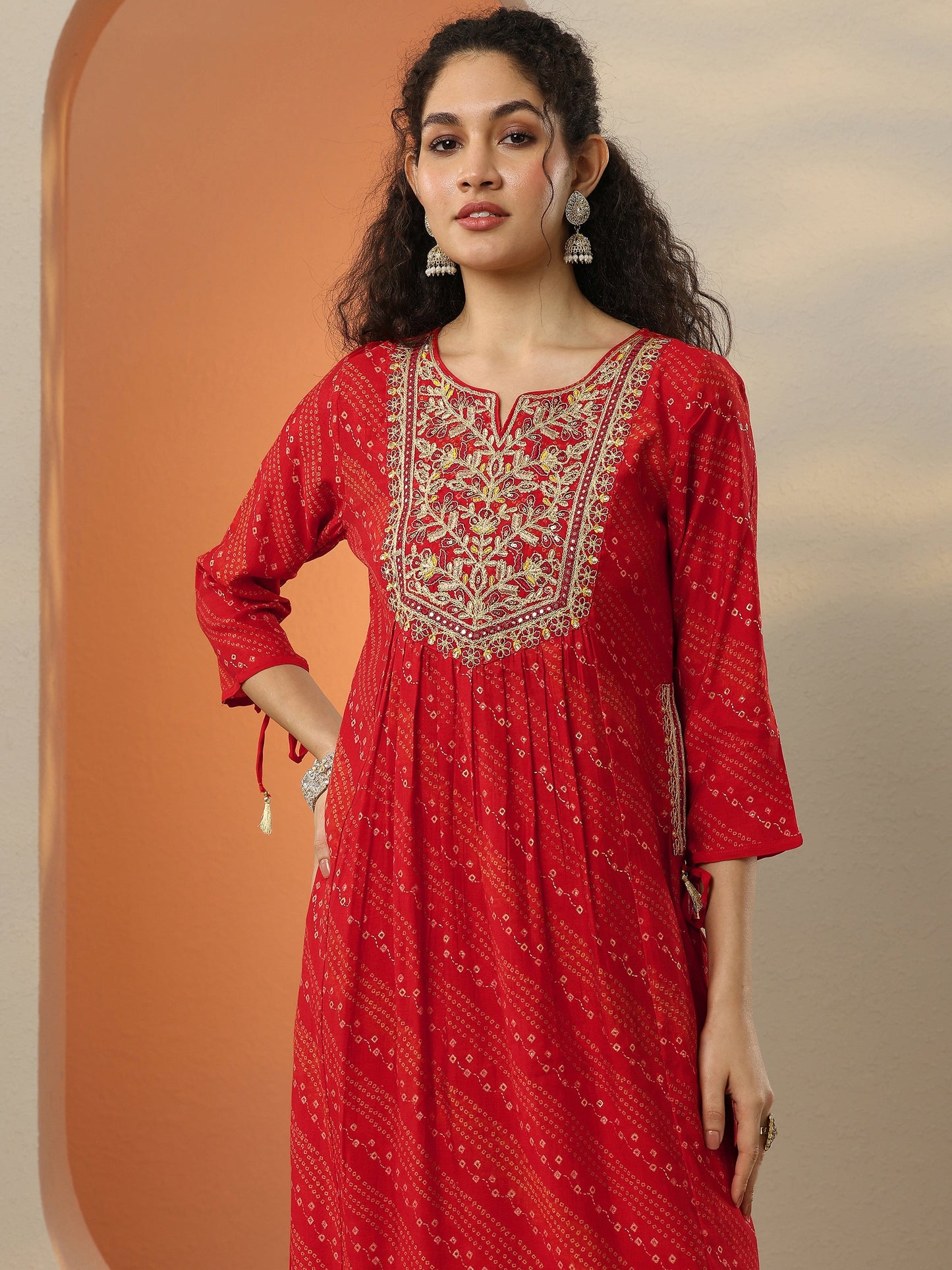 Red Printed Silk Blend  A-Line Suit Set With Dupatta