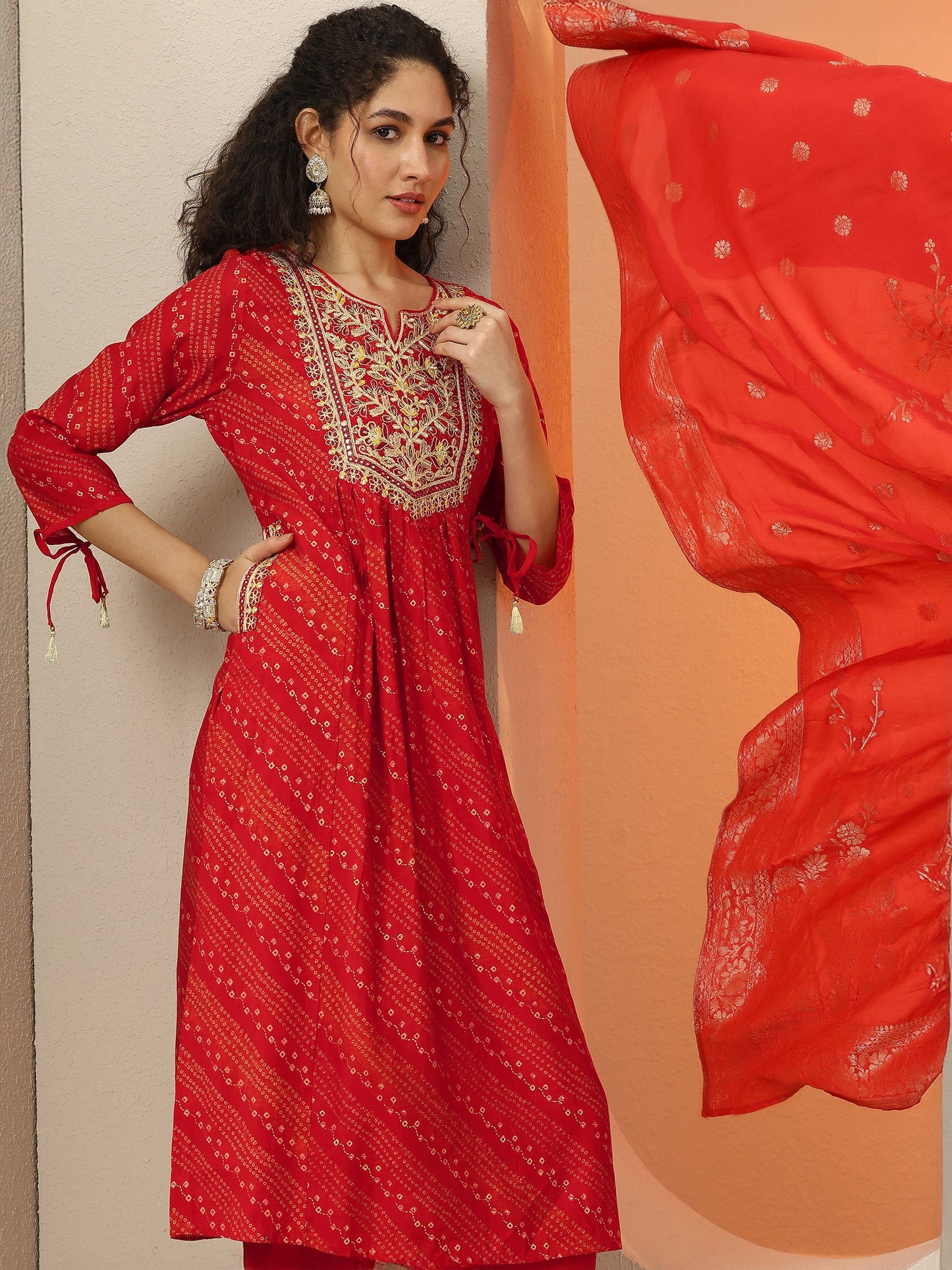 Red Printed Silk Blend  A-Line Suit Set With Dupatta