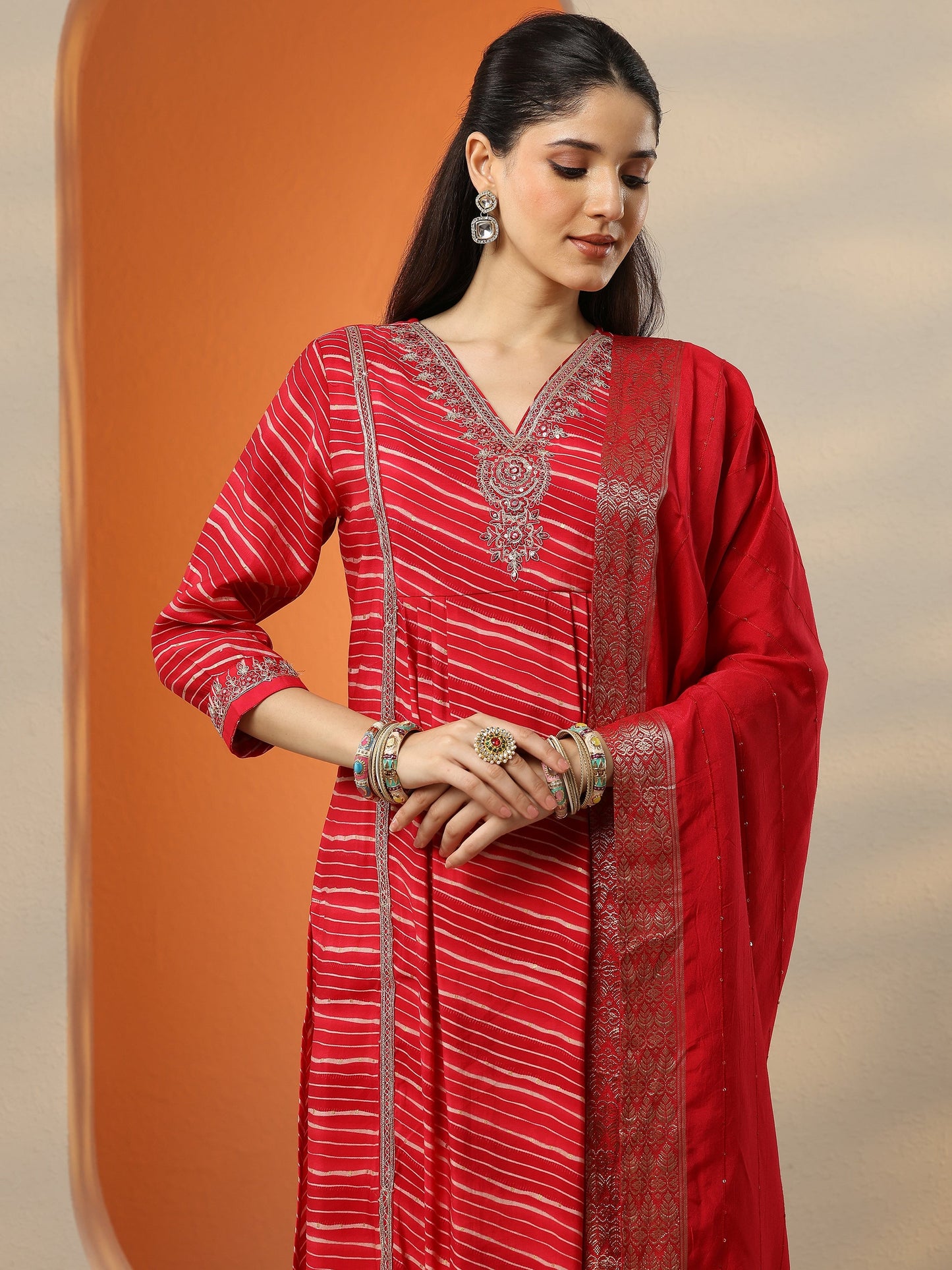 Pink Printed Silk blend Straight Suit Set With Dupatta