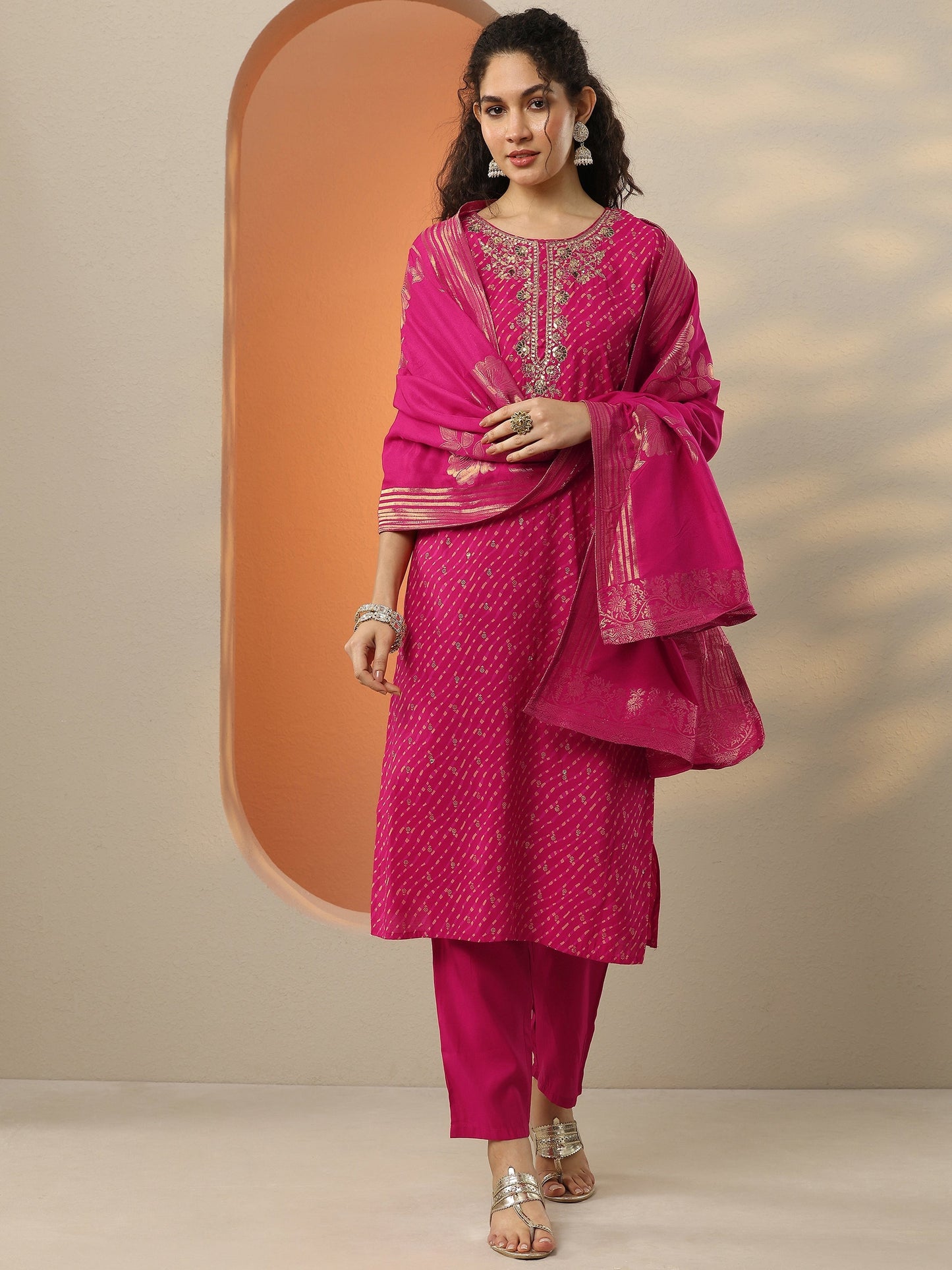 Pink Printed Silk Blend  Straight Suit Set With Dupatta