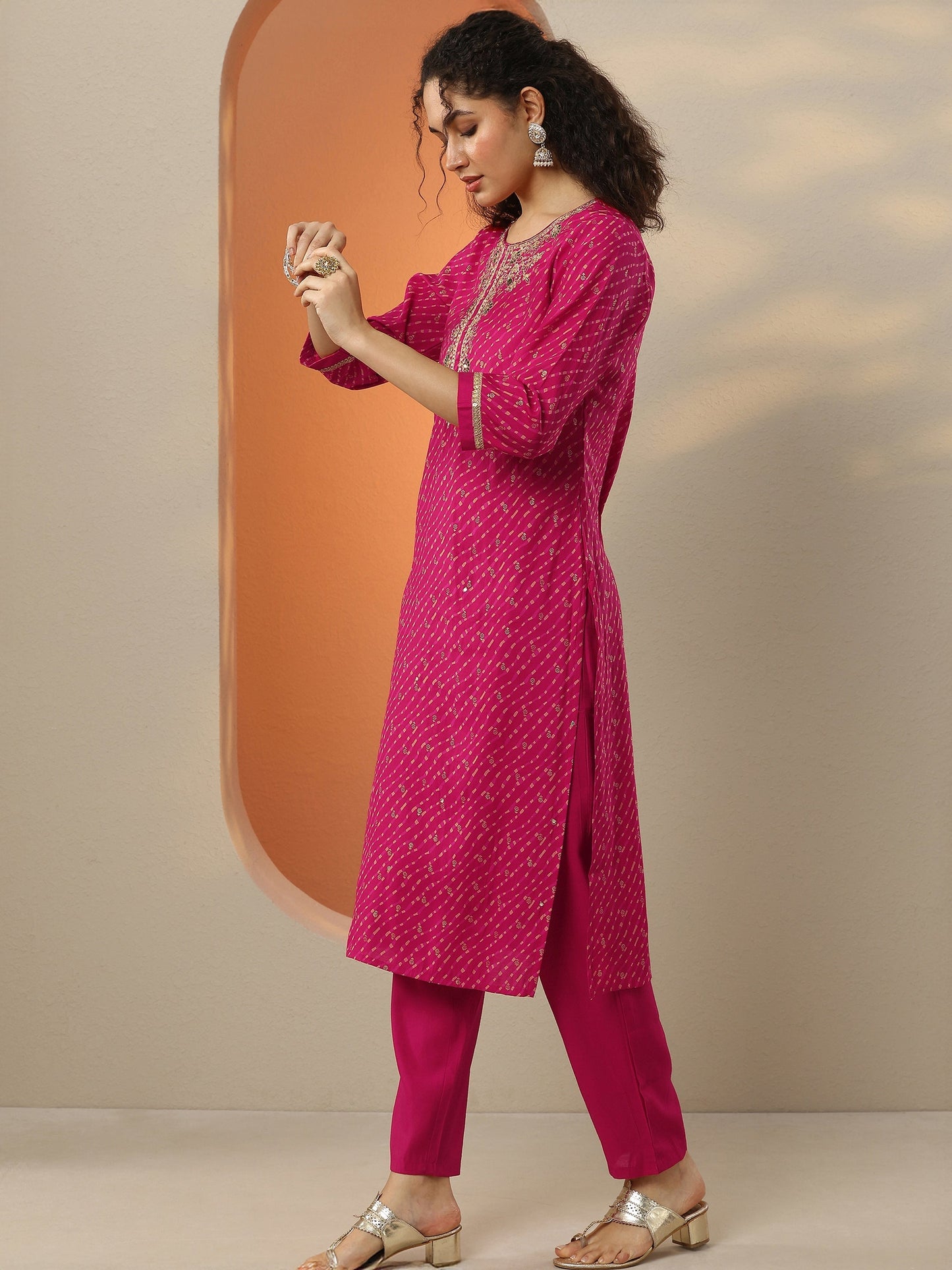 Pink Printed Silk Blend  Straight Suit Set With Dupatta