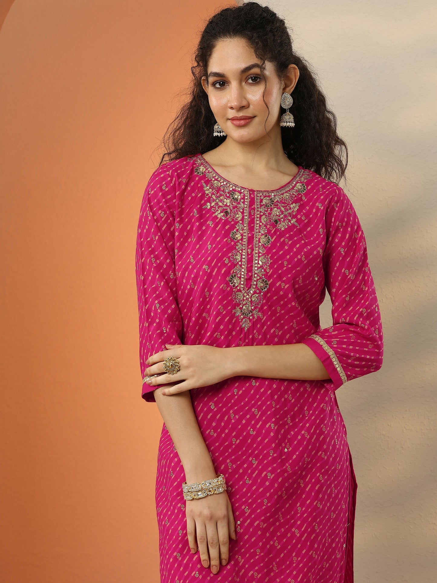 Pink Printed Silk Blend  Straight Suit Set With Dupatta