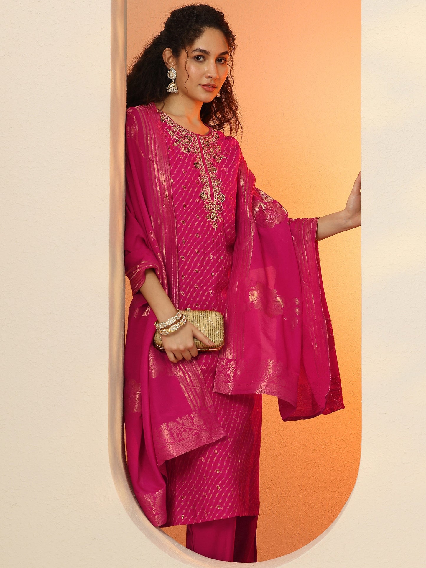 Pink Printed Silk Blend  Straight Suit Set With Dupatta