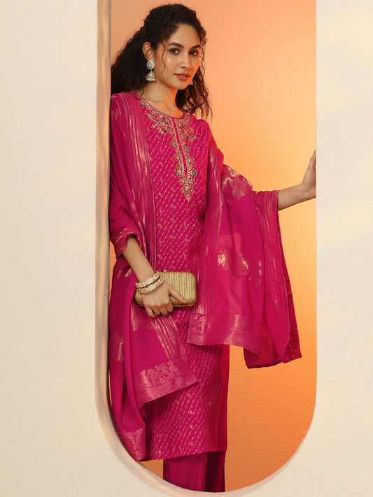 Pink Printed Silk Blend  Straight Suit Set With Dupatta