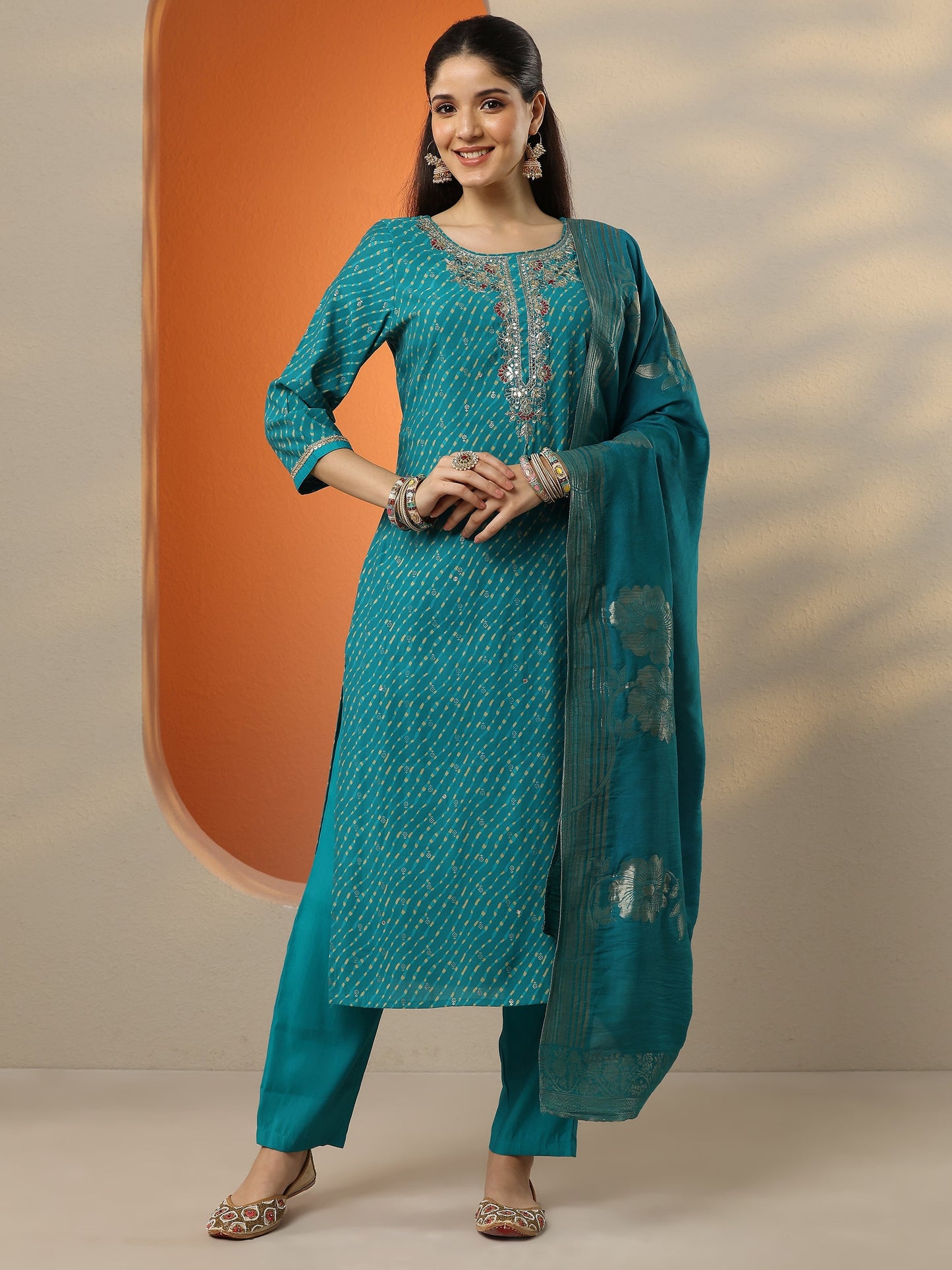 Blue Printed Silk blend Straight Suit Set With Dupatta