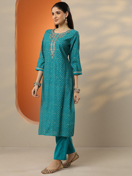 Blue Printed Silk blend Straight Suit Set With Dupatta