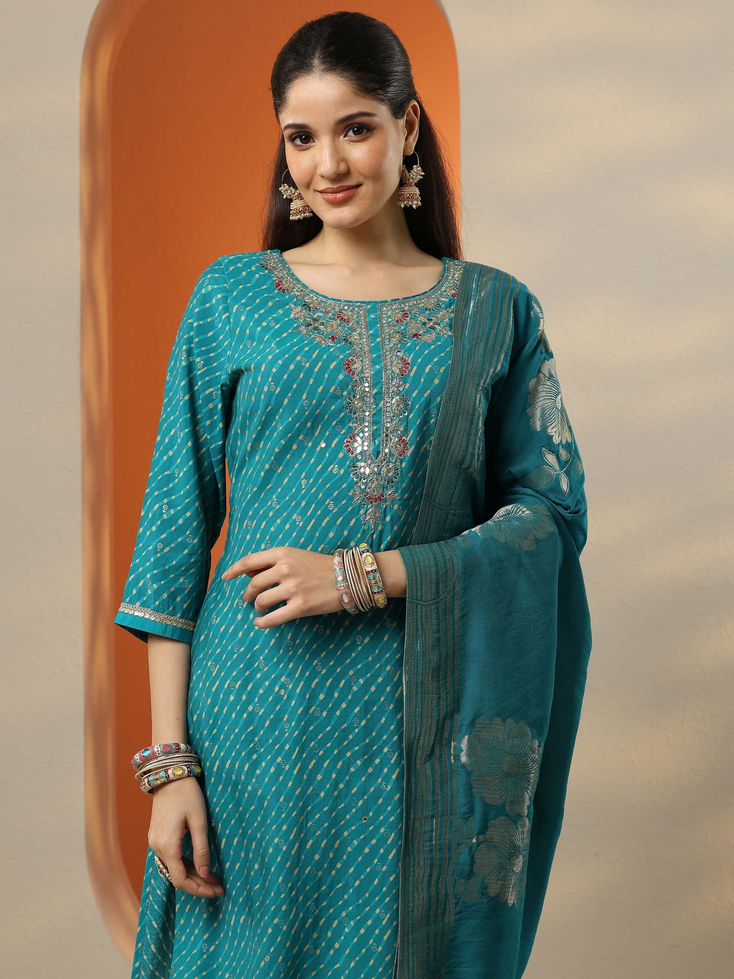 Blue Printed Silk blend Straight Suit Set With Dupatta