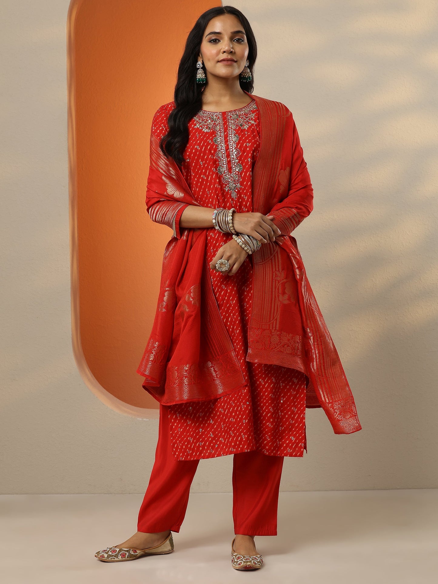 Red Printed Silk blend Straight Suit Set With Dupatta