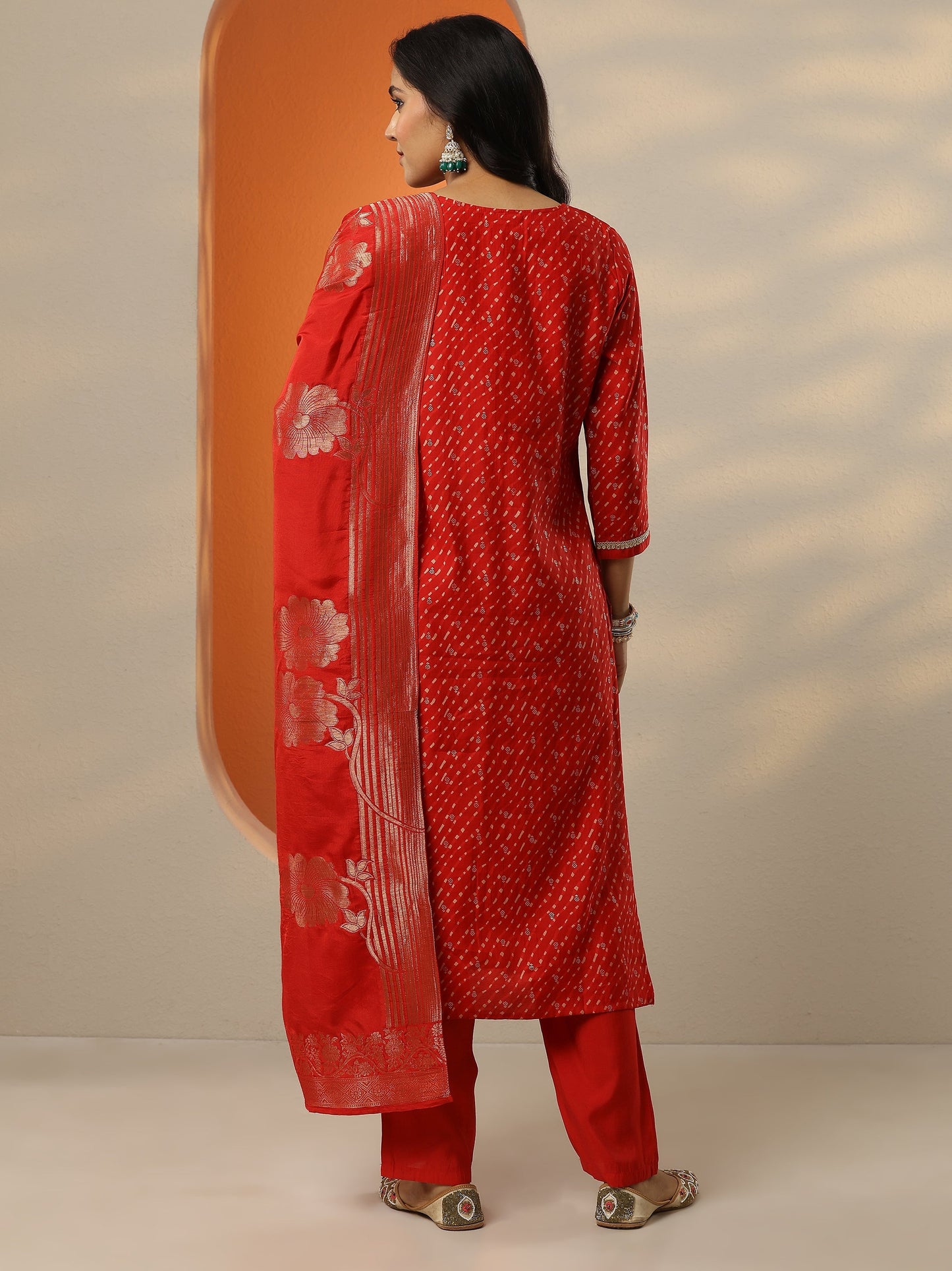 Red Printed Silk blend Straight Suit Set With Dupatta