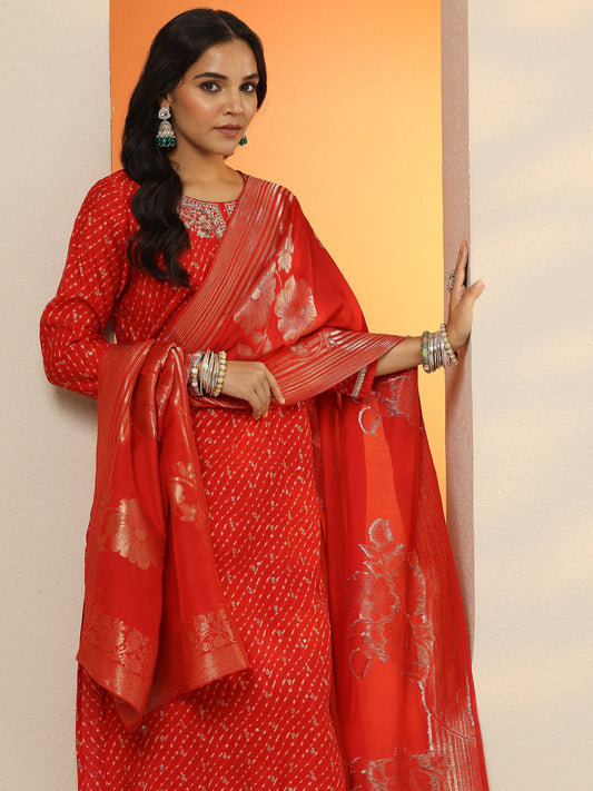 Red Printed Silk blend Straight Suit Set With Dupatta