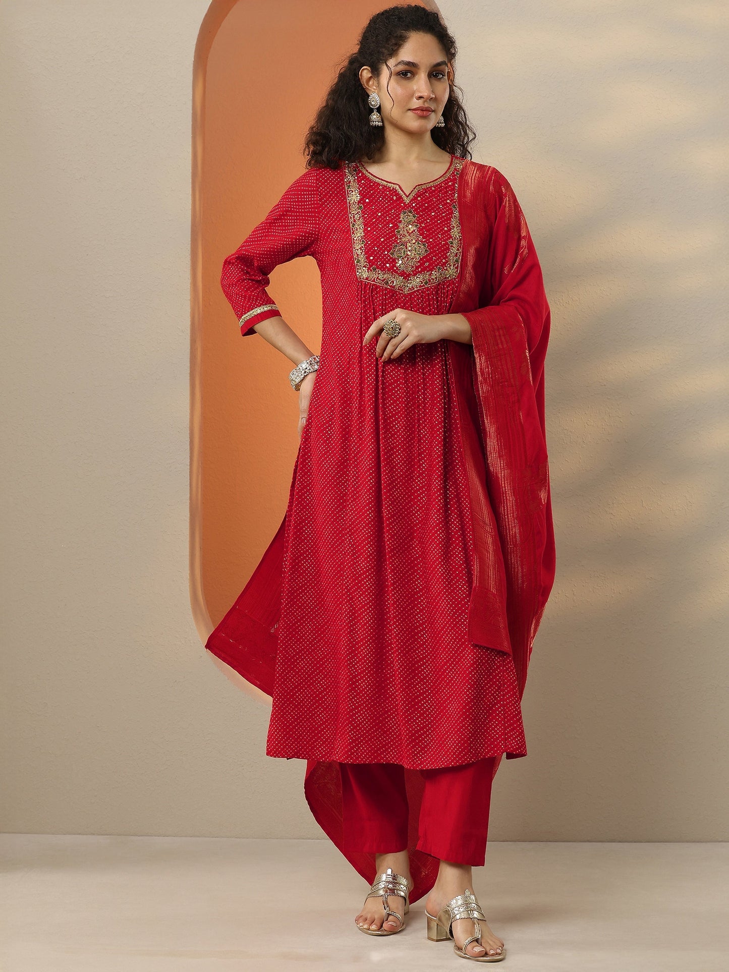 Red Printed Silk Blend  A-Line Suit Set With Dupatta
