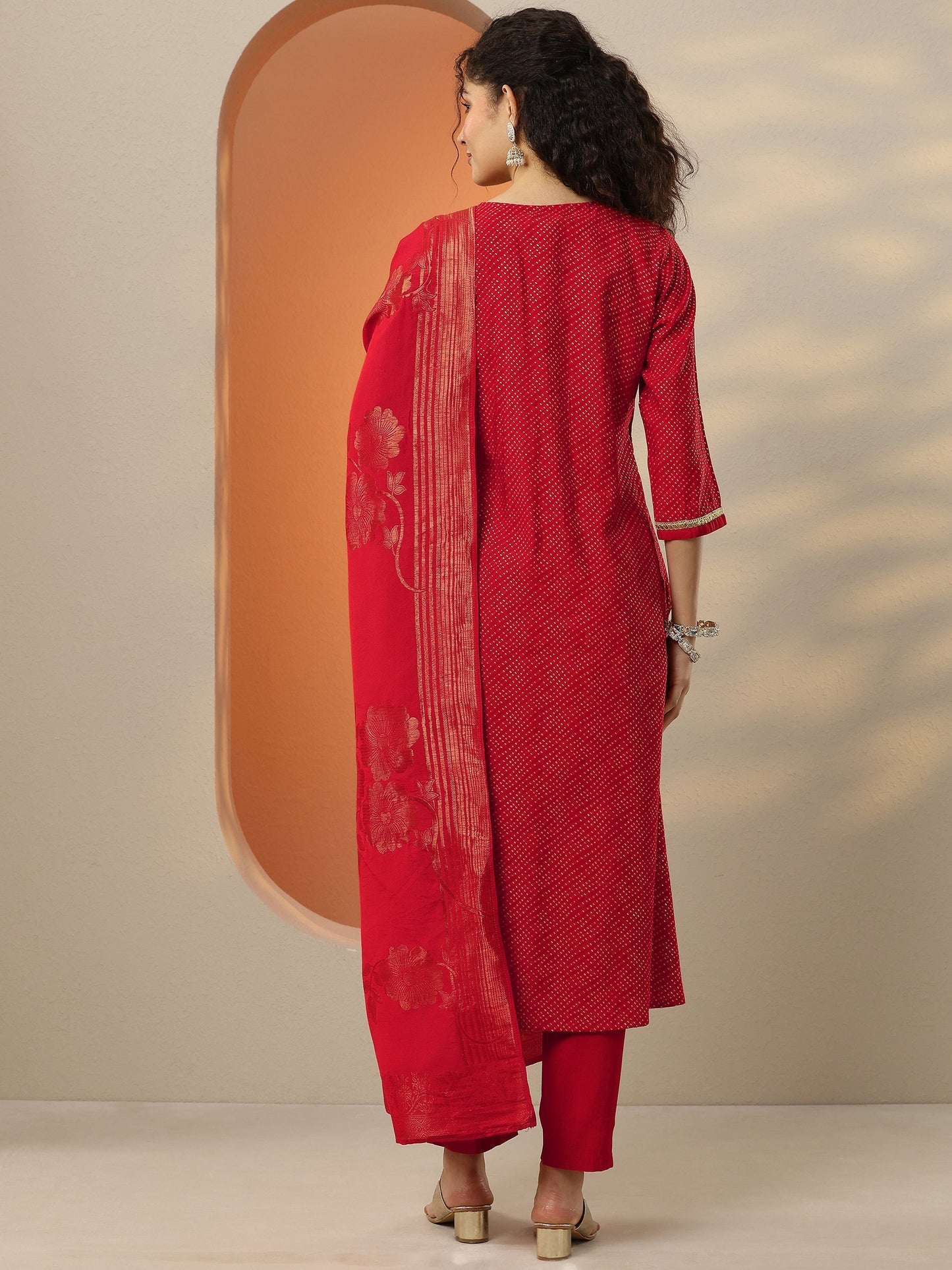 Red Printed Silk Blend  A-Line Suit Set With Dupatta
