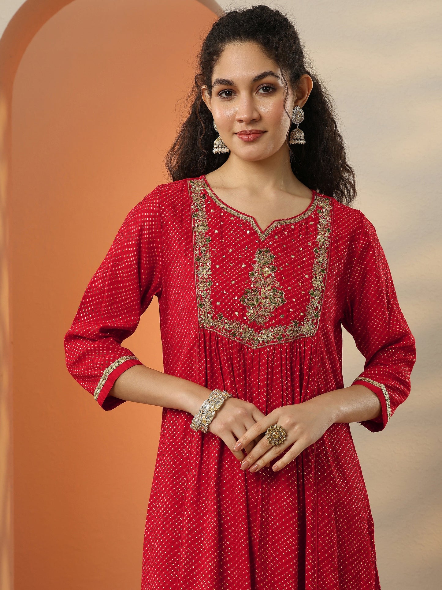 Red Printed Silk Blend  A-Line Suit Set With Dupatta