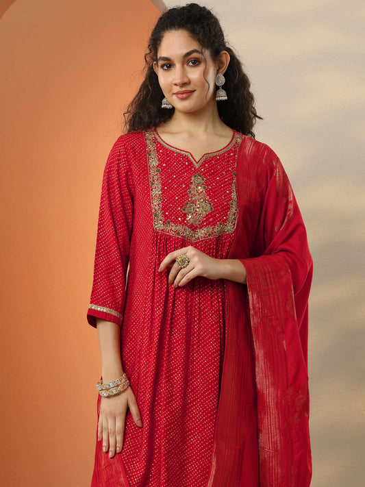 Red Printed Silk Blend  A-Line Suit Set With Dupatta