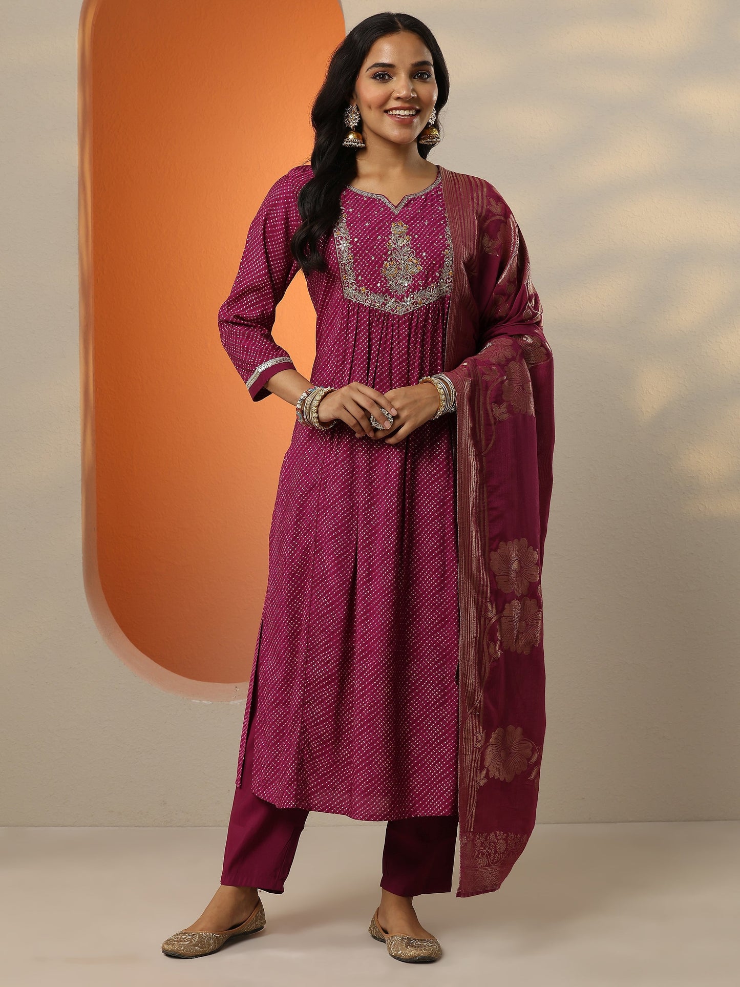 Purple Printed Silk blend A-line Suit Set With Dupatta