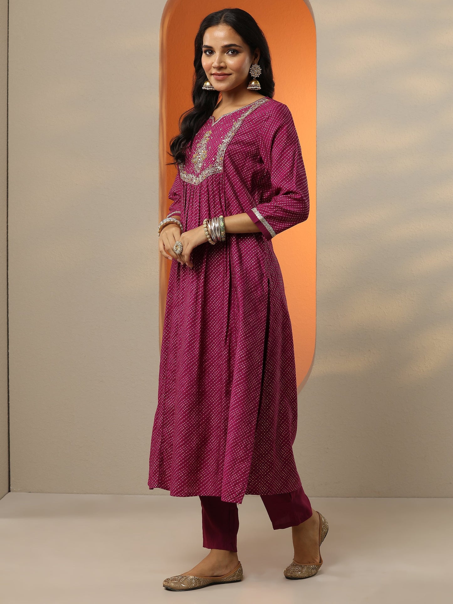 Purple Printed Silk blend A-line Suit Set With Dupatta