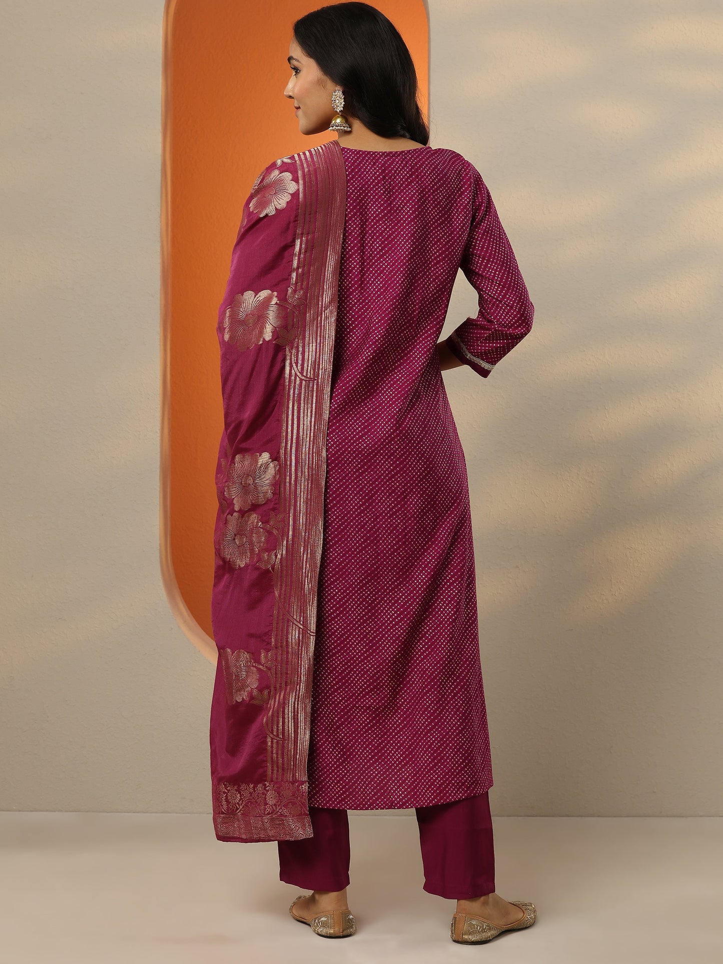 Purple Printed Silk blend A-line Suit Set With Dupatta