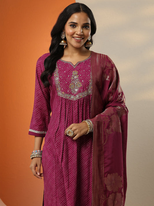 Purple Printed Silk blend A-line Suit Set With Dupatta