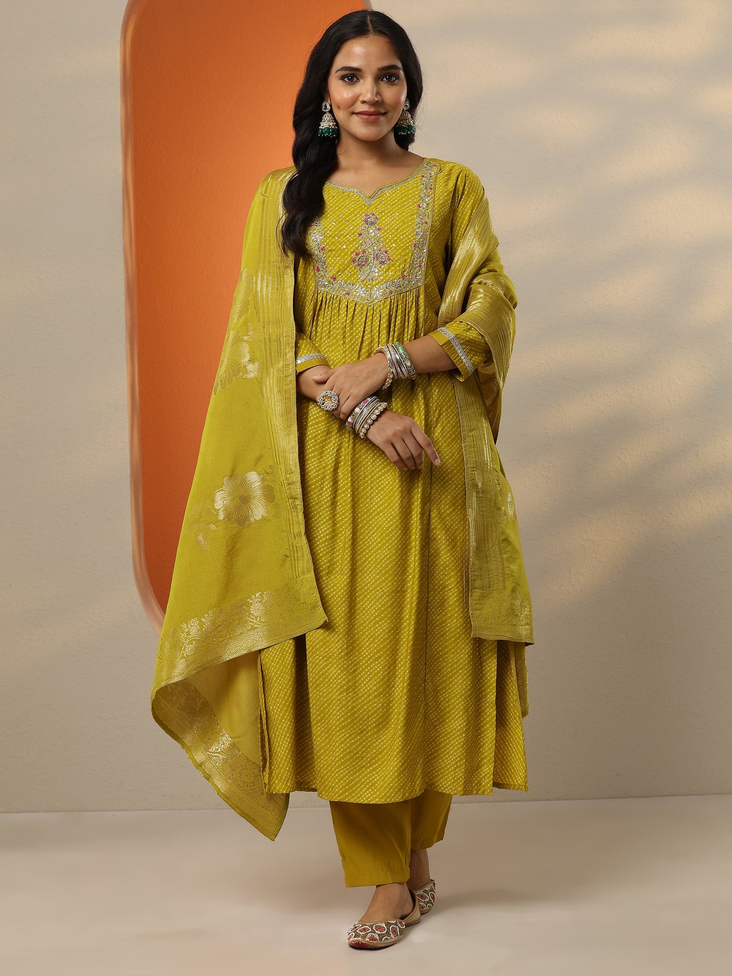 Green Printed Silk blend A-line Suit Set With Dupatta