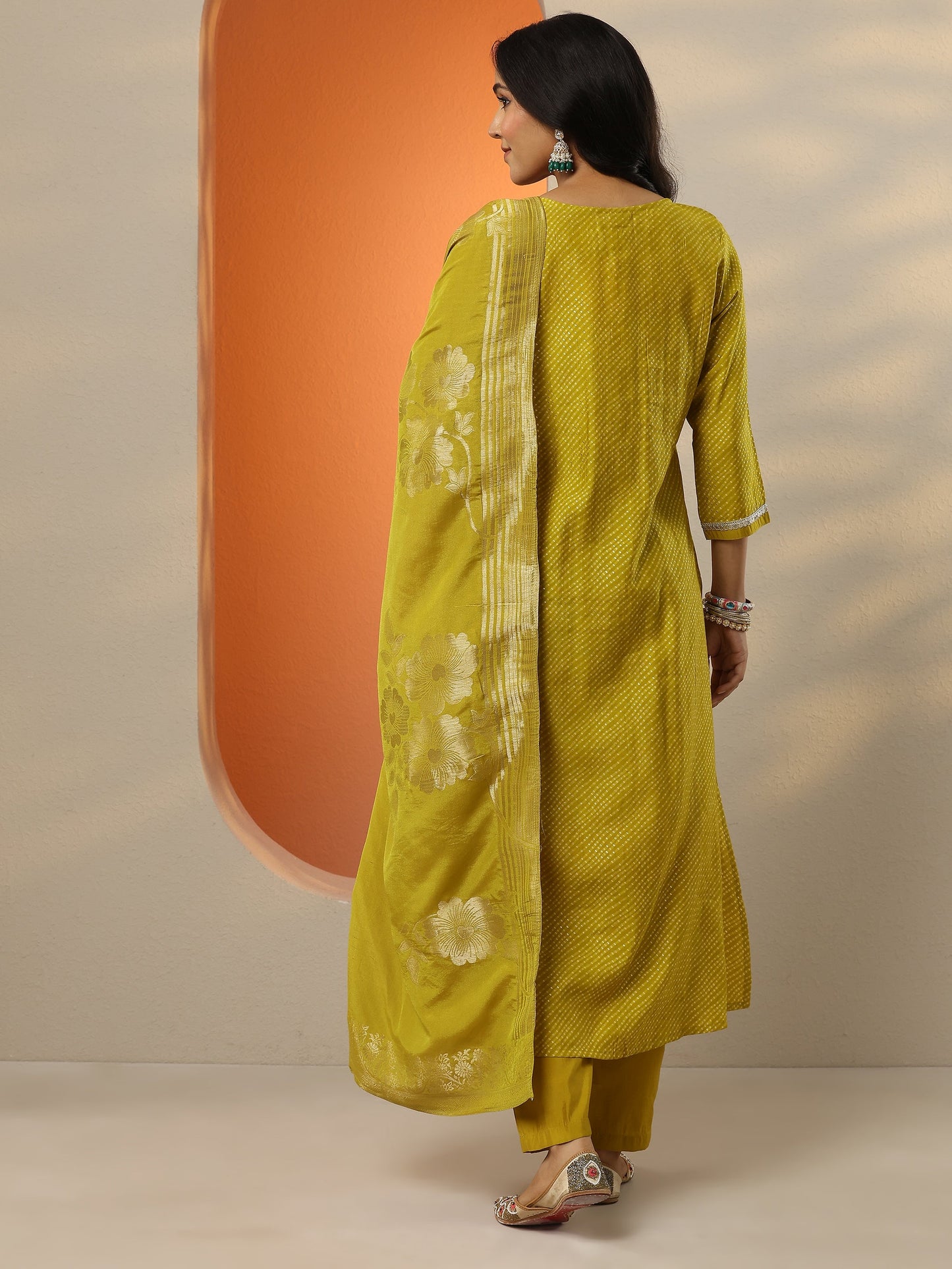 Green Printed Silk blend A-line Suit Set With Dupatta